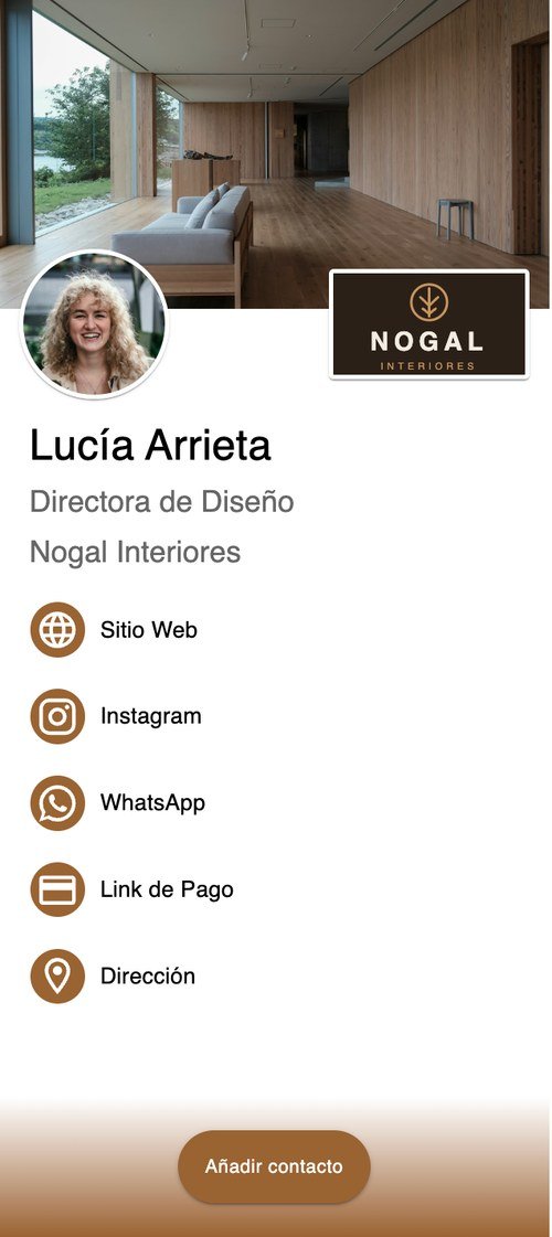 Ejemplo de perfil digital MAST: Lucía Arrieta, directora de diseño de Nogal Interiores, con web, Instagram, WhatsApp, link de pago y dirección